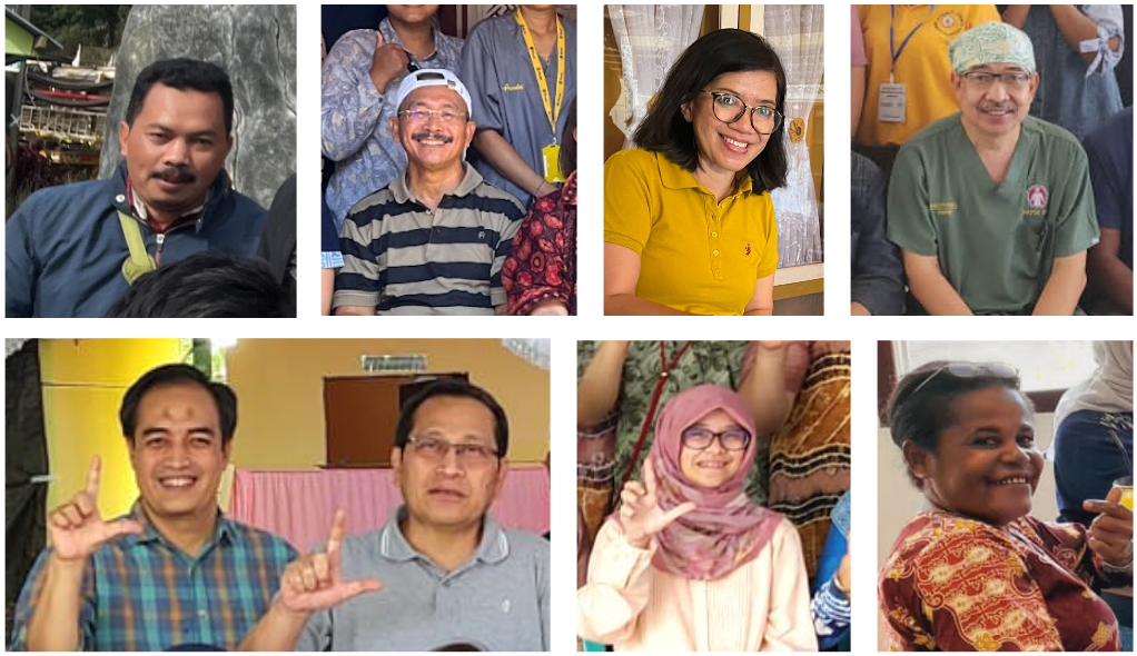 (L-R): Tafrihan, a community development leader in Dieng; Professor Ketut Suastika, MD, PhD, and Desak Made Wihandani, MD, PhD, doctors from Faculty of Medicine, Udayana University in Bali; Asep Purnama, MD, an internist who assisted our work with Sikka and Bajo communities in Flores; Nanang Miftah Fajari, MD, Muhammad Darwin Prenggono, MD, PhD, and Nuvita Hasrianti, MD, doctors from ReCIM, Lambung Mangkurat University in Banjarmasin; and Bunda Hanny Felle, a literacy activist in Sentani, Papua.