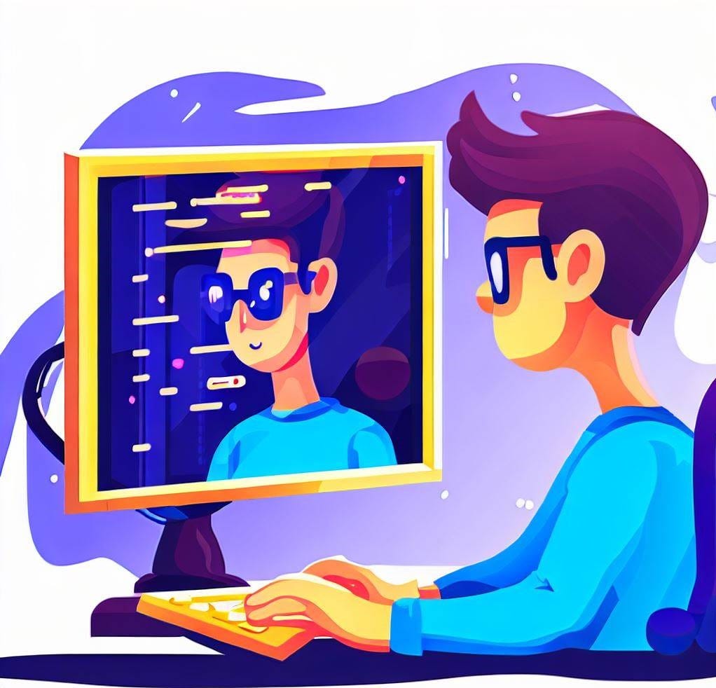 An image of a human/software engineer, looking at a computer screen and seeing a reflection of themselves