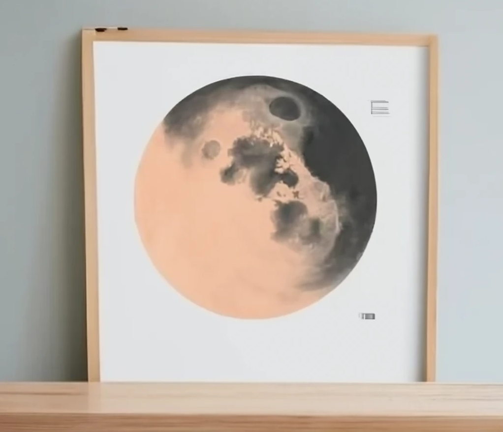 An AI generated moon poster, framed, sitting on a desk against a wall.