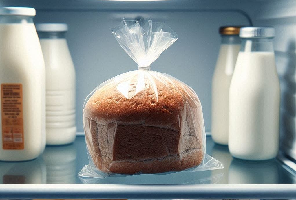 Brot im Kühlschrank, sicher in Plastikfolie verpackt. KI-generiert