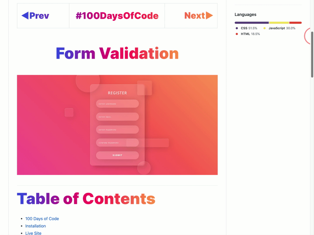 One of my READMEs for #100DaysOfCode. https://github.com/emjose/one-hundred/#header