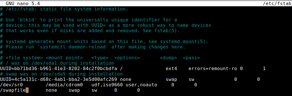 Content of the /etc/fstab file