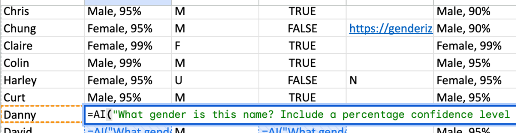 Spraedsheet showing the formula ‘What gender is this name? Include a percentage confidence level; and the results, including Chung and Harley showing as Female, 95%