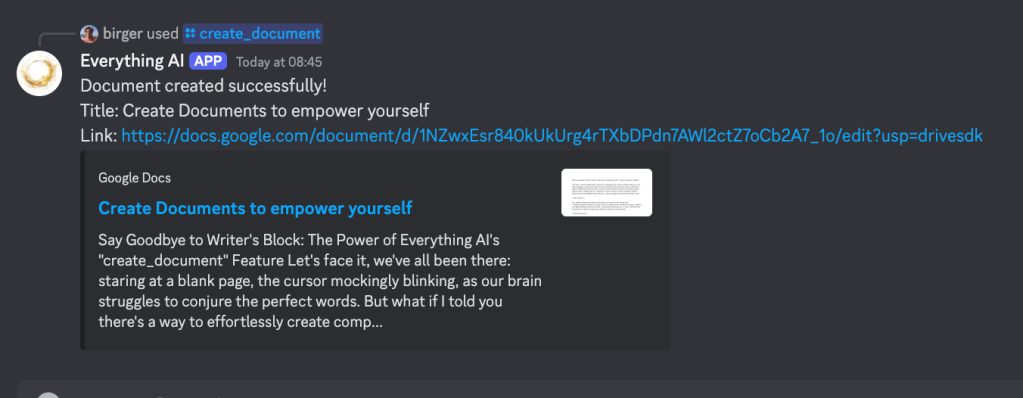 Say Goodbye to Writer’s Block: The Power of Everything AI’s “create_document” Feature