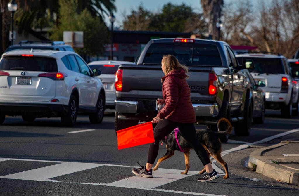 An image of a woman with a dog crossing a street while holding a bright-orange “See Me Flag”. There are many cars at the intersection and there is no visible crossing light.