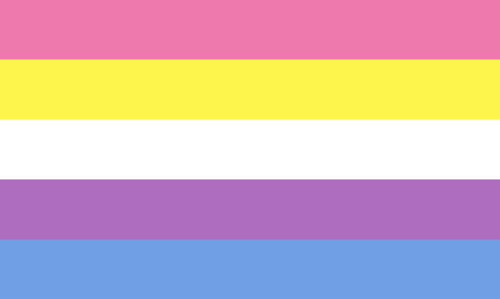 Bigender flag with stripes from top to bottom: pink, yellow, white, purple, blue