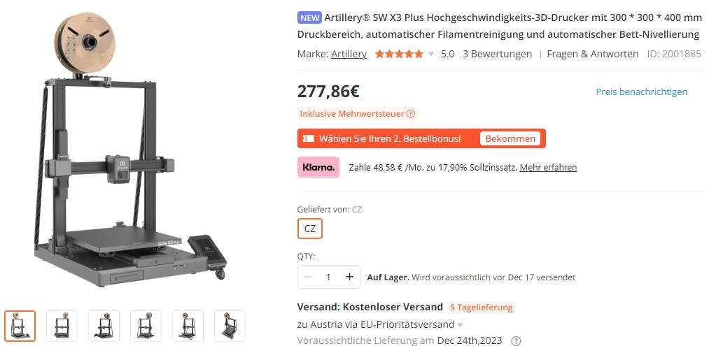 Artillery® SW X3 Plus Hochgeschwindigkeits-3D-Drucker mit 300 * 300 * 400 mm Druckbereich, automatischer Filamentreinigung und automatischer Bett-Nivellierung