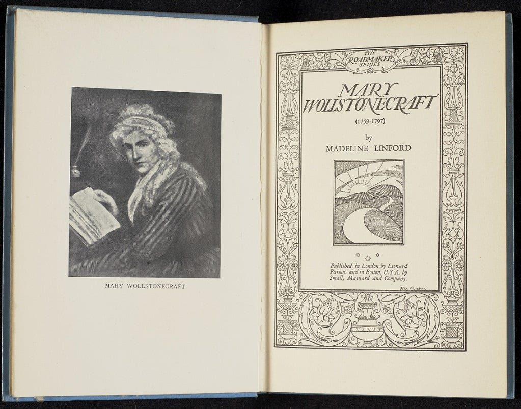 Title page of a book. on the left there is a photograph of Mary Wolstonecraft