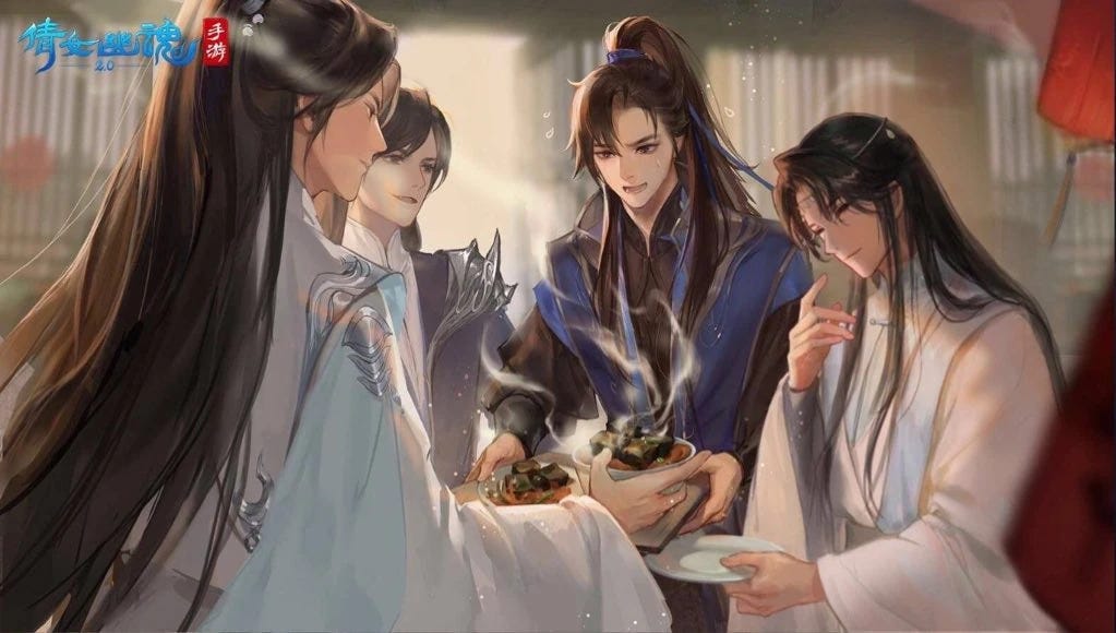 Chu Wanning and his students fussing over him. The husky and his white cat shizun