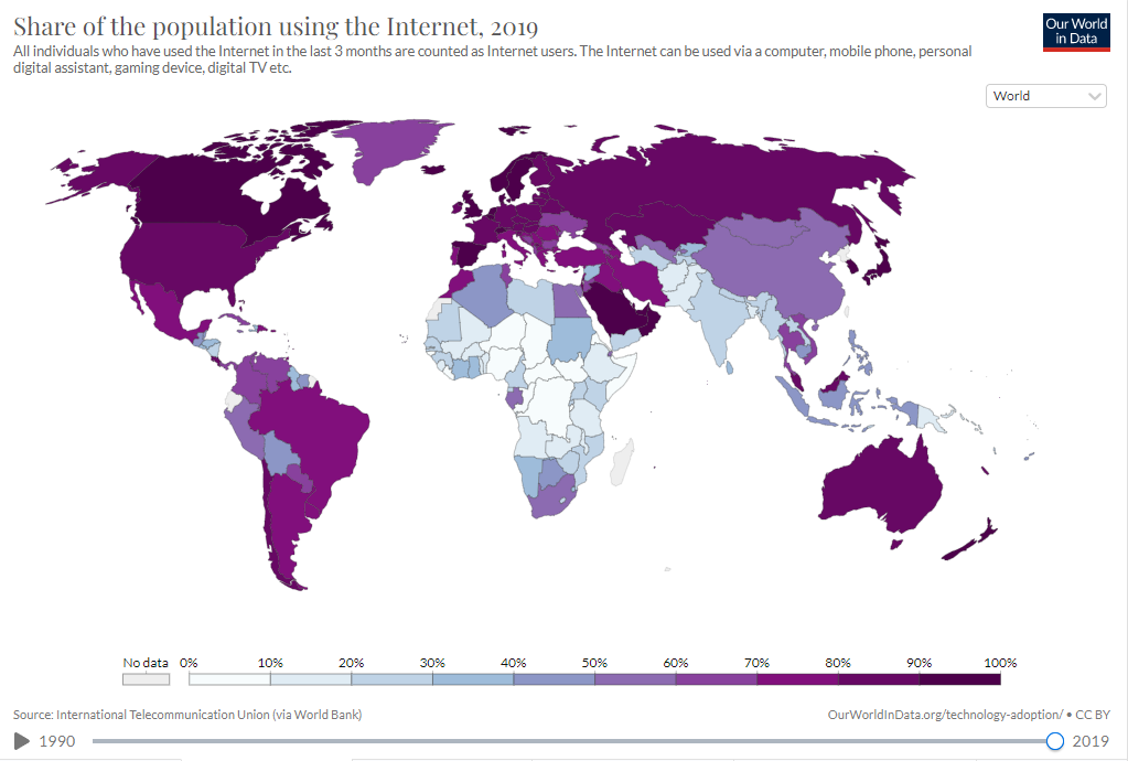 Share of the population using the Internet, 2019 — map of the world statistics.