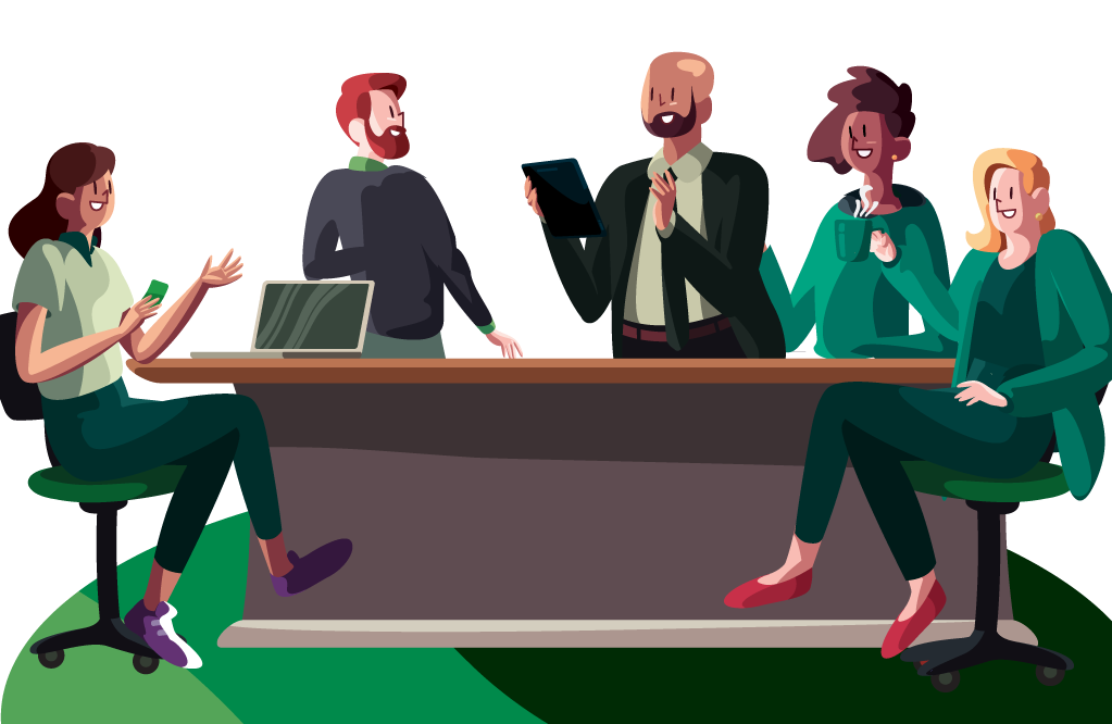 Ilustração de uma mesa de reunião rodeada por cinco pessoas. Dois homens e uma mulher em pé e duas mulheres sentadas. Todos estão conversando. Duas pessoas com tablet e notebook nas mãos e uma pessoa com uma caneca de café.