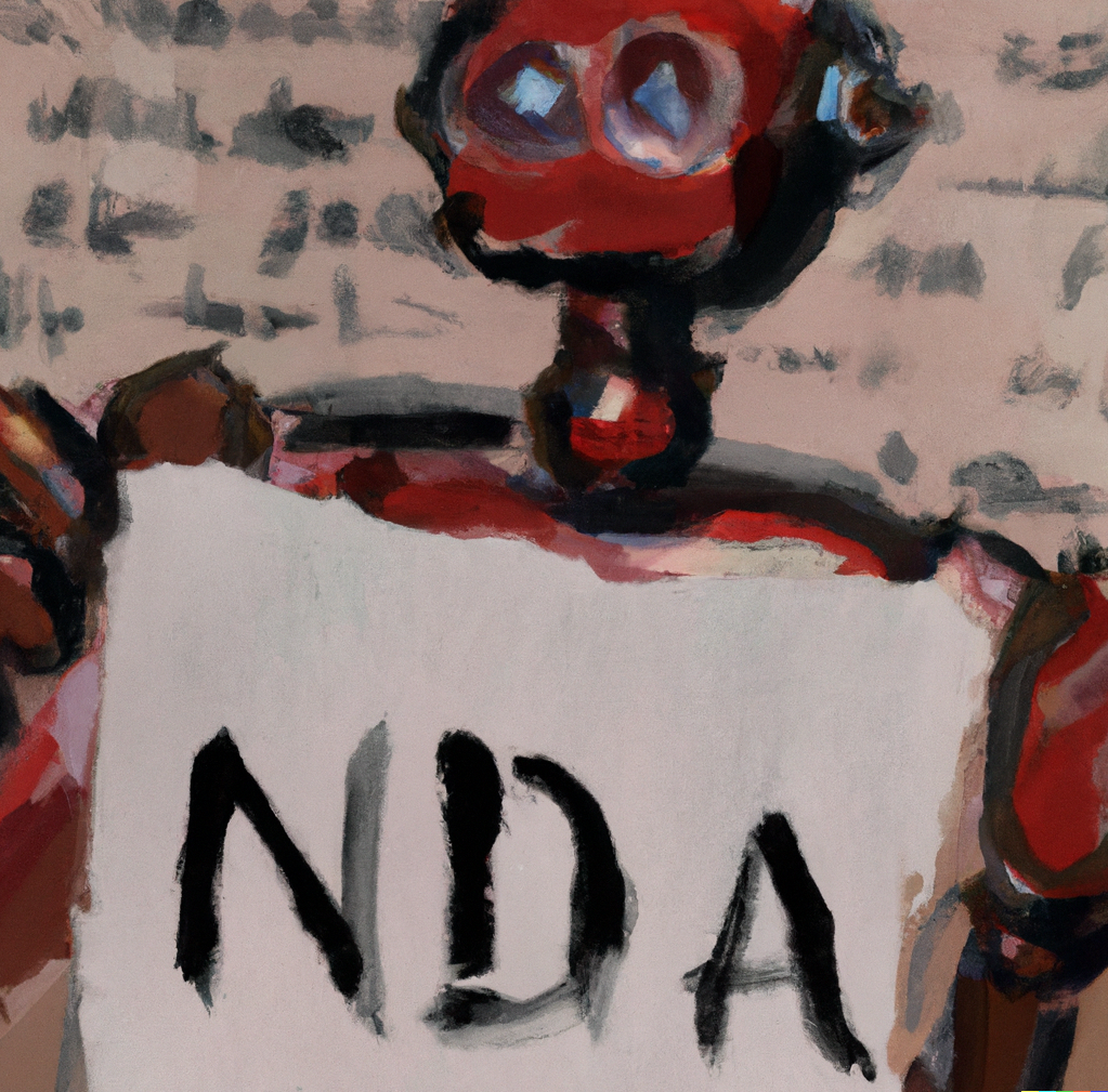 AI robot holding up an NDA