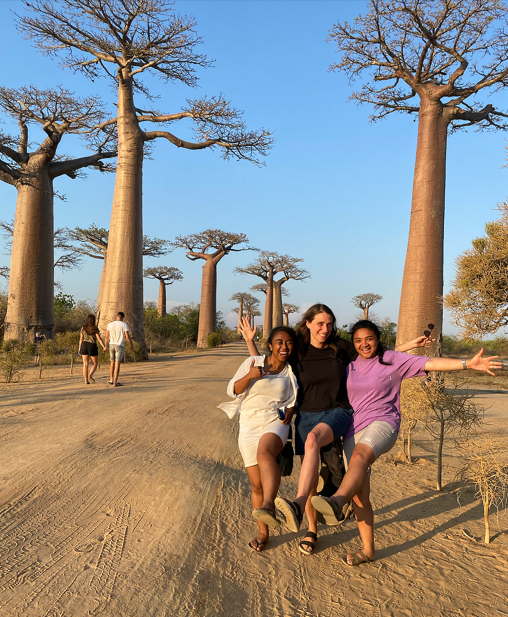 Stephie (left) enjoying a rest stop on the Avenue of the Baobabs with Sarah and Rota on the way back to Antananarivo from the west coast of Madagascar.