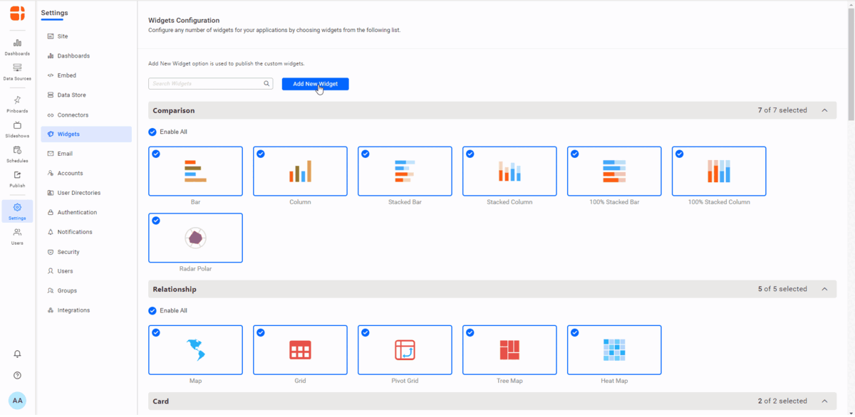 Upload and manage custom and predefined widgets