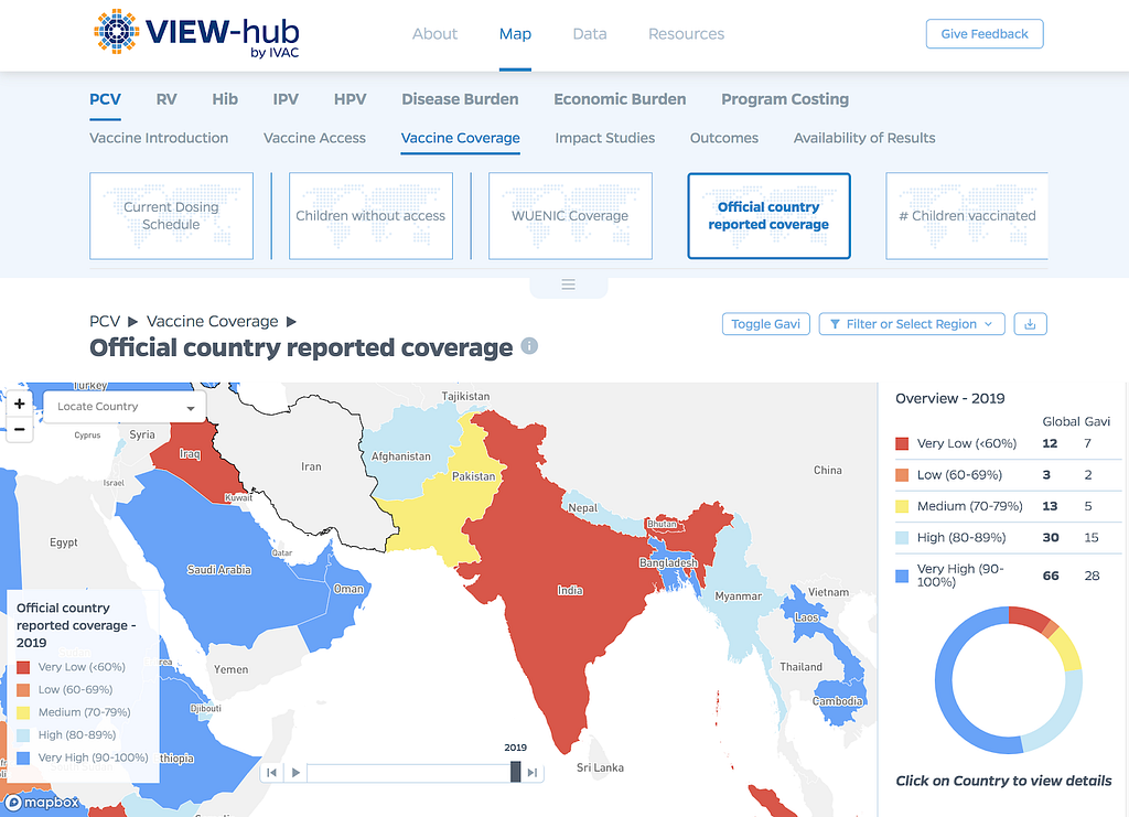 The VIEW-hub platform that visualizes vaccine data, showing a map zoomed in to India