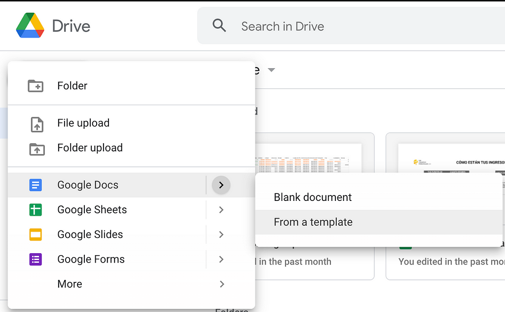 Vista del menú de Google Drive para crear documentos desde plantillas.