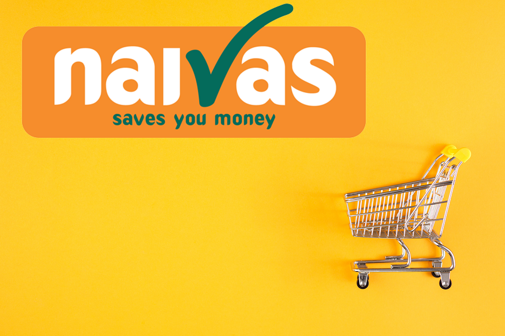 Naivas supermarket, trolley, yellow background, supermarket banner, Kenyan retail chain