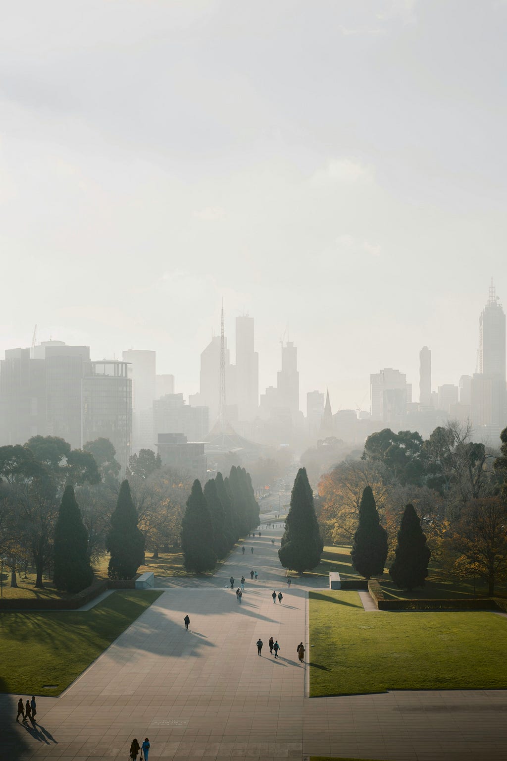 Foggy view of Melbourne CBD from the Shrine of Remembrance