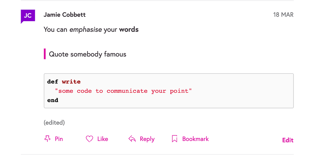 A screenshot of a comment on the FutureLearn website, using Markdown.
