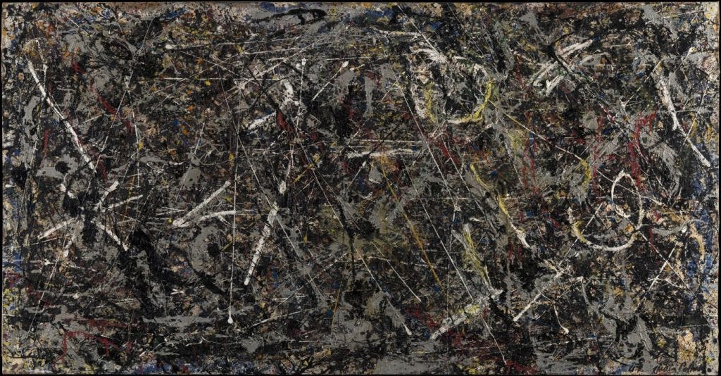 The Alchemy painting of Jackson Pollock. The paint is full of drips and a bit chaotic.