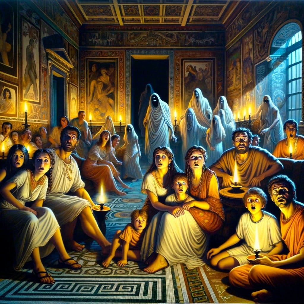 Artistic portrayal of an Ancient Roman family looking scared in their home during Lemuria, surrounded by Roman decor, with a dimly lit, eerie atmosphere.