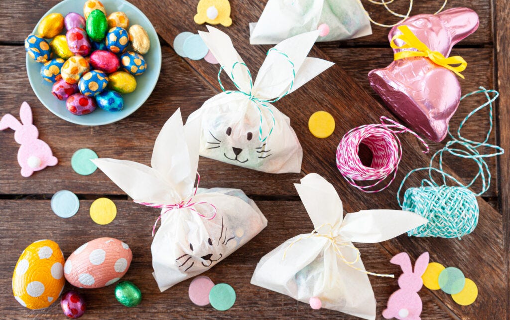 Various Easter Gifts laid out on a table in a beautiful colourful arrangement