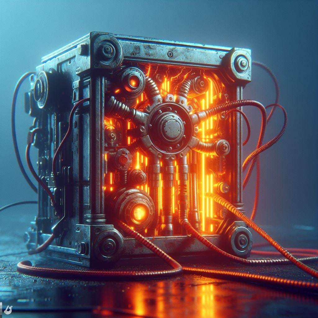 a glowing mechanical box with a few thick wires loosely plugged into it, industrial cyberpunk