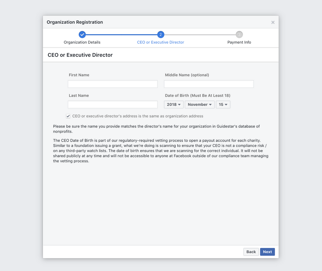 Facebook Donation Account Form CEO or Executive Director