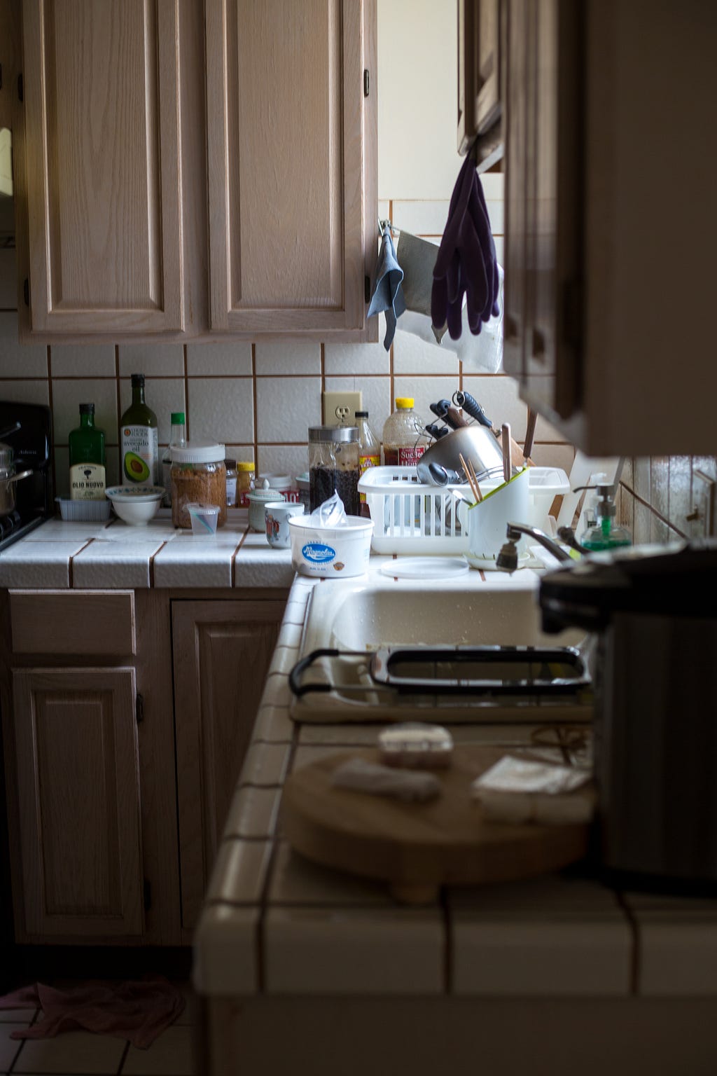 A counter crowded with dirty dishes