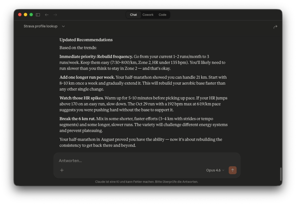 Training recommendations in Claude chat