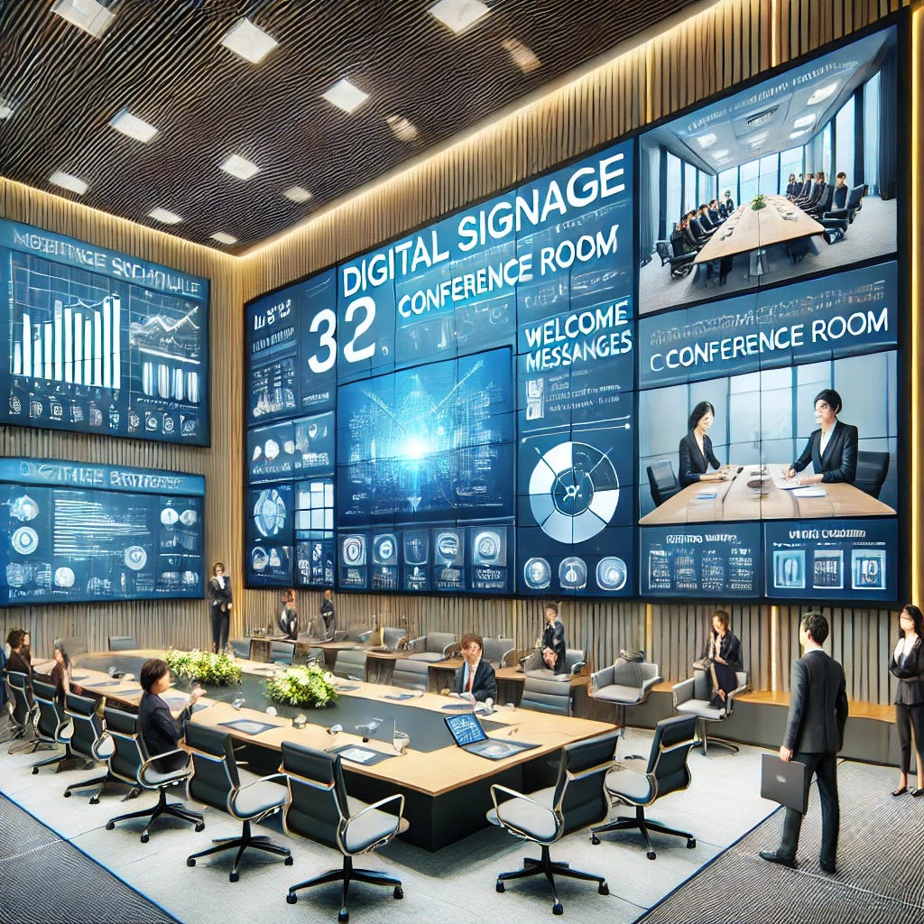 An illustration depicting digital signage for conference rooms, showcasing a modern conference room with large screens, touch panels, and digital boards displaying meeting schedules, welcome messages, and video conferences. The room is sleek and contemporary, with a professional and collaborative atmosphere, highlighting the innovative use of digital signage.