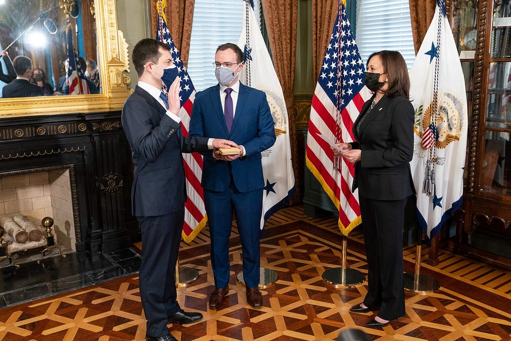 Vice President Kamala Harris swears in Pete Buttigieg as Secretary of Transportation on Feb. 3, 2021.