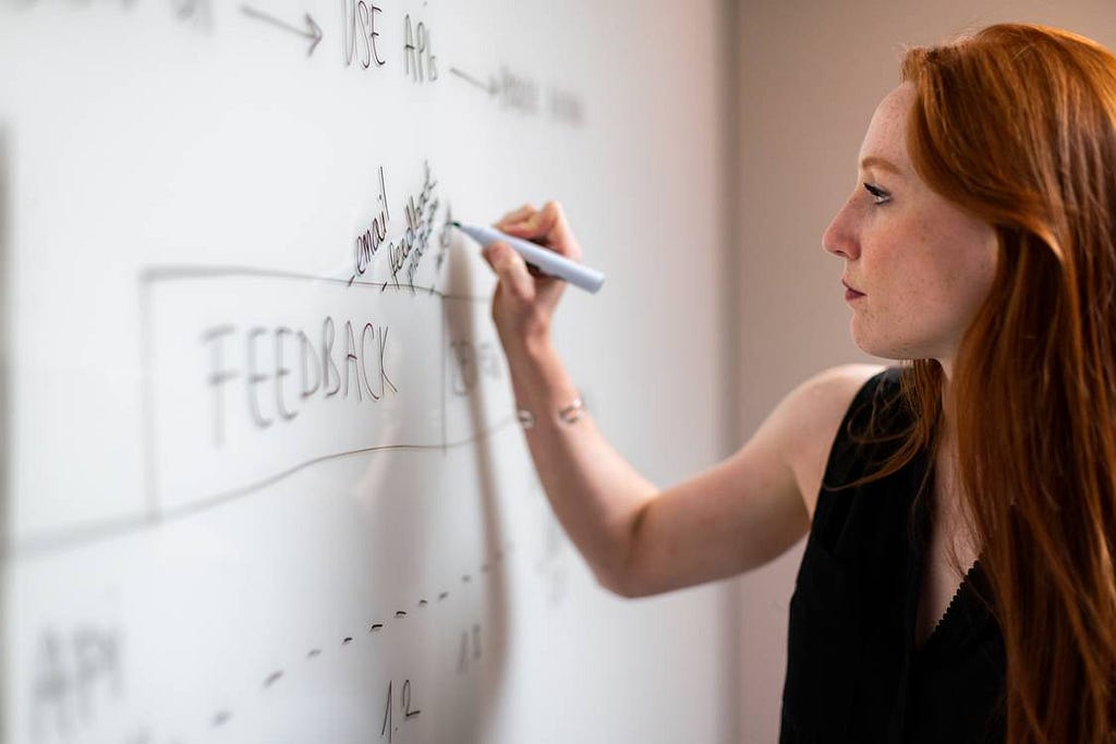 Girl stands at a whiteboard, writing.