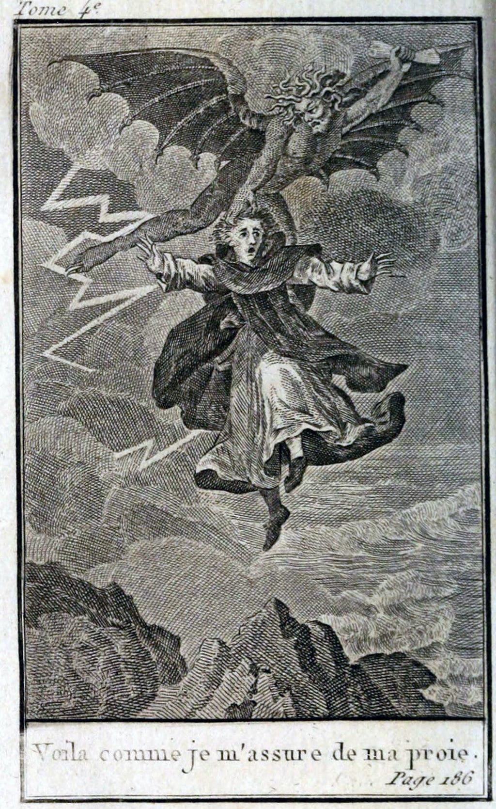 Scan a black and white sketch from the 1811 version depicting a snake-haired demoness with wings dangling a monk in the sky.