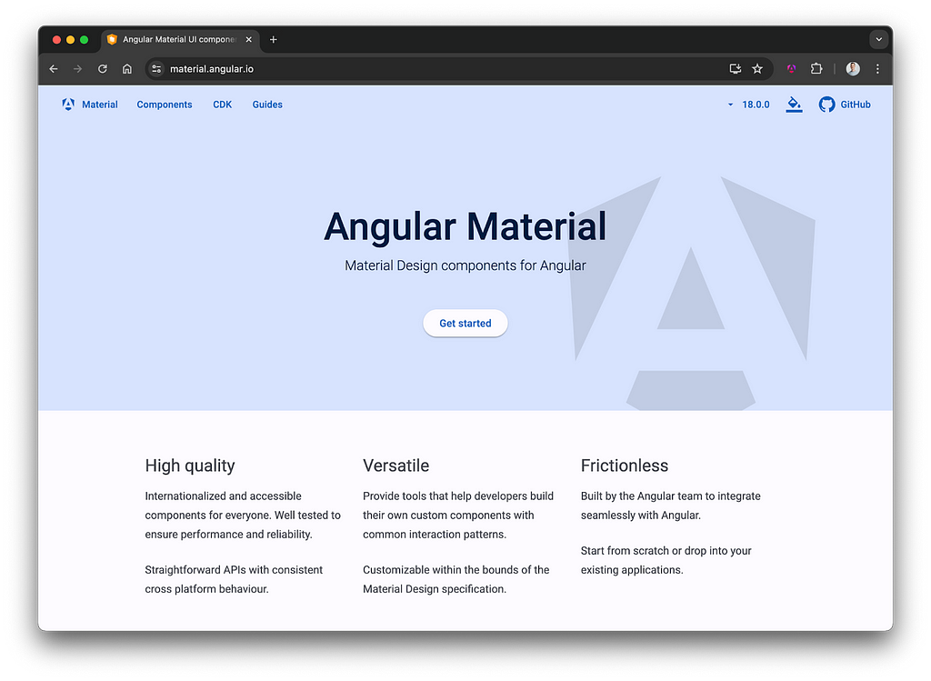 Screenshot showing the new design of material.angular.io