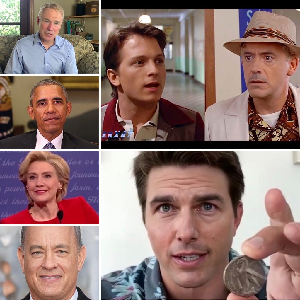 Deepfake versions of George W. Bush, Barack Obama, Hillary Clinton, Tom Hanks, Tom Holland, Robert Downey Jr. and Tom Cruise