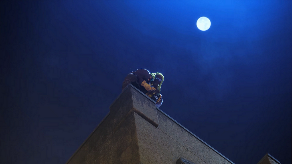 Street Fighter 6’s Thrasher Damnd. He is peering over a building with a full moon above his head.