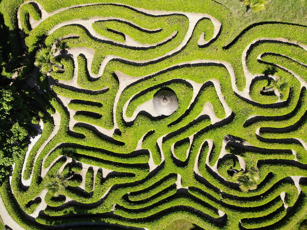 A bird’s eye view of a maze in grassy garden