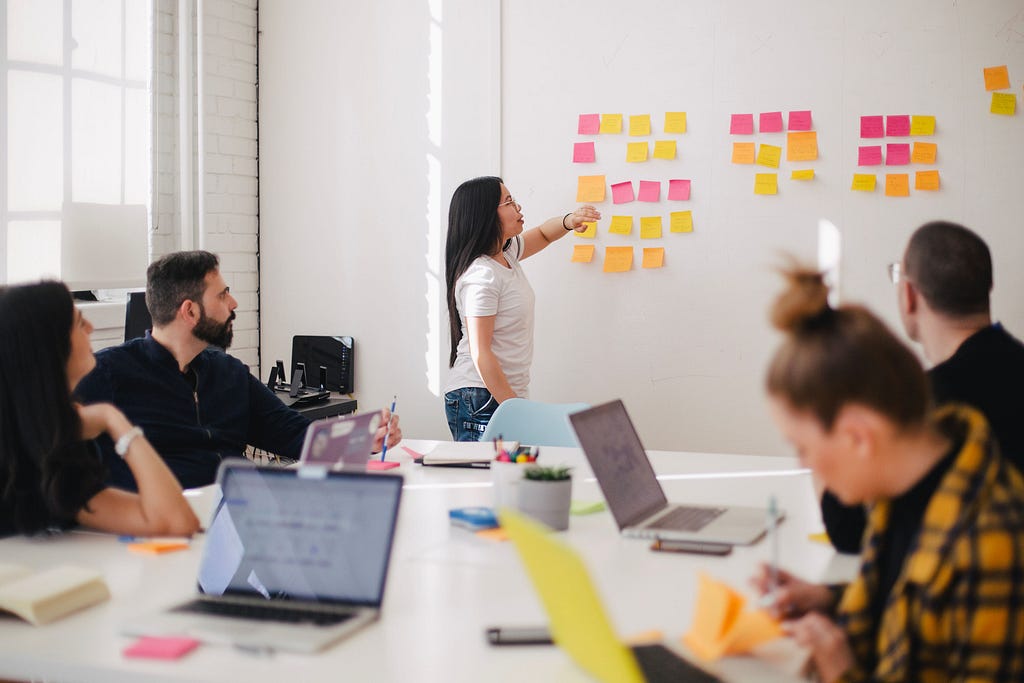 People have gathered in a room for a meeting & have their laptops open. There are colored post-it notes on the board with a person standing next to them & pointing.