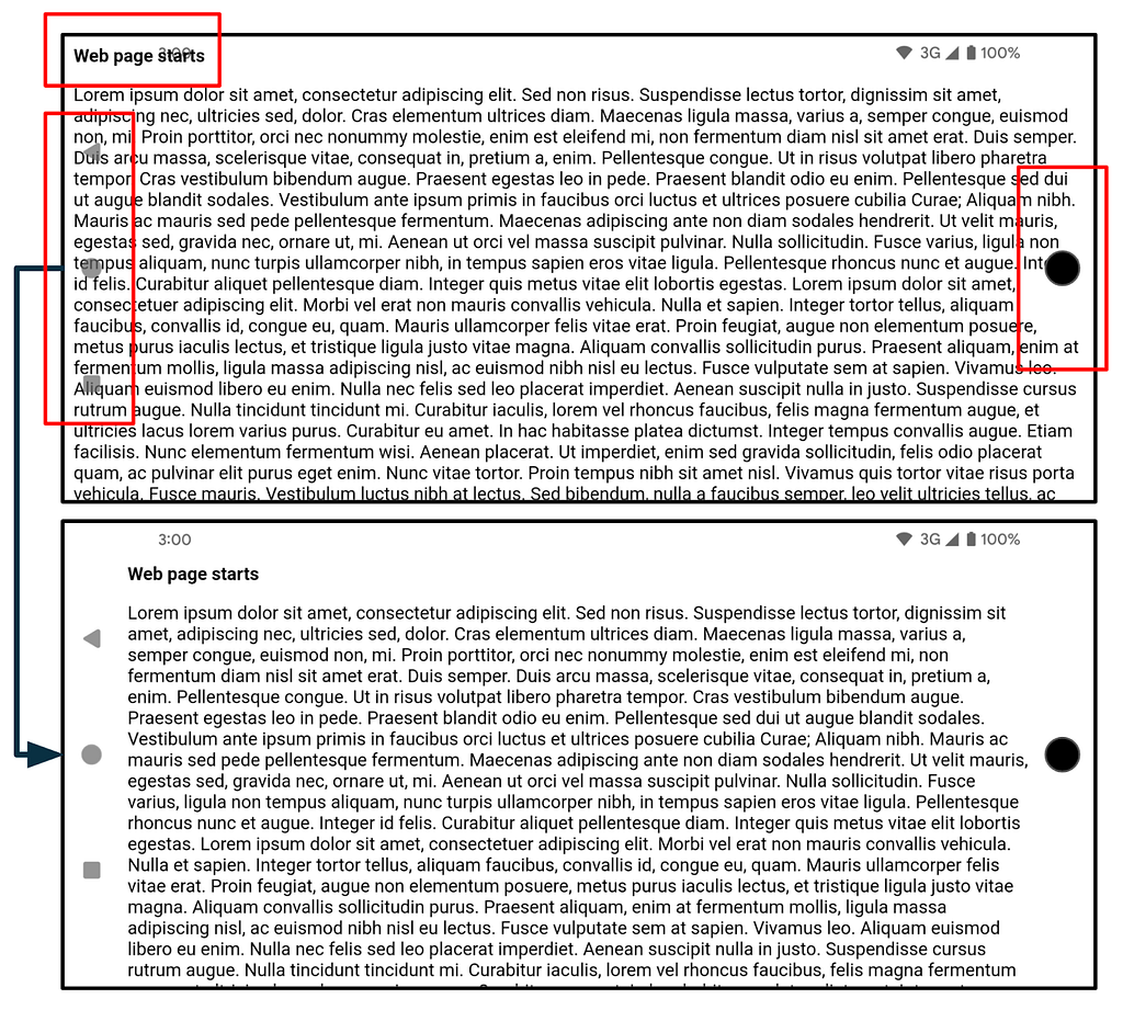 Two app screenshots. Top: WebView overlapping system bars and cutout. Bottom: WebView correctly padded using JavaScript.