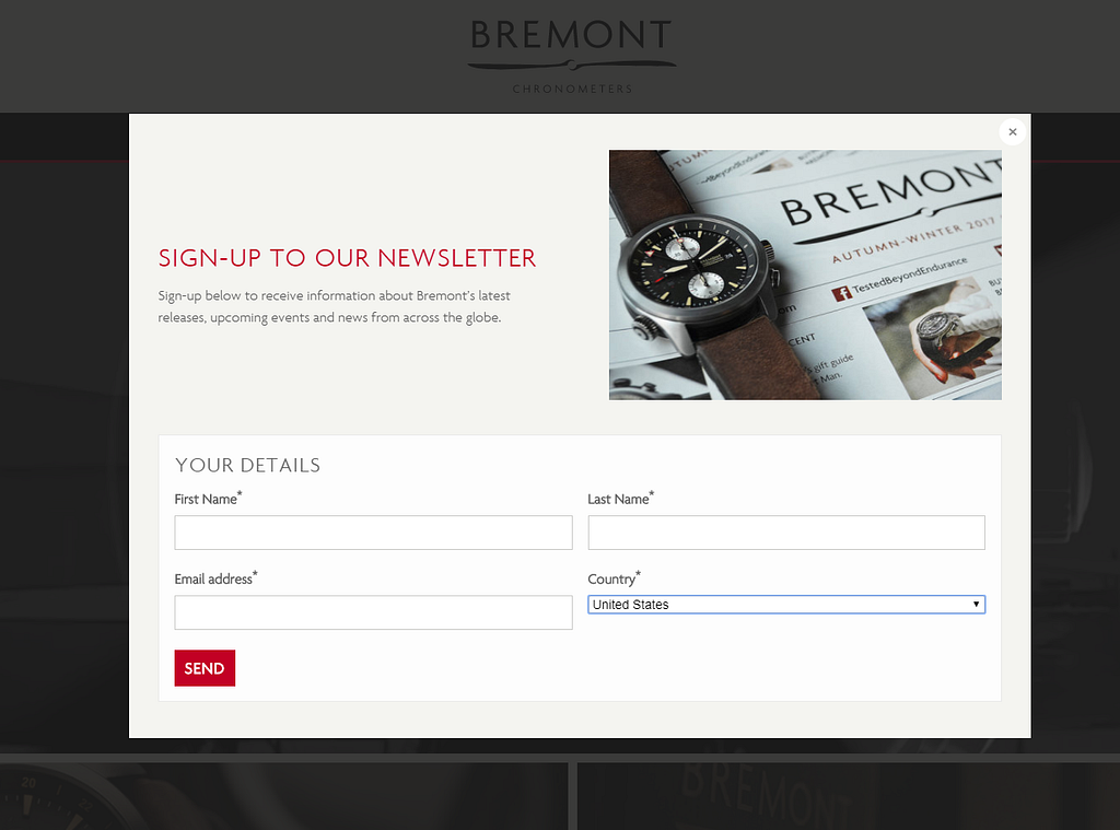 A Shopify popup on Bremont Watches