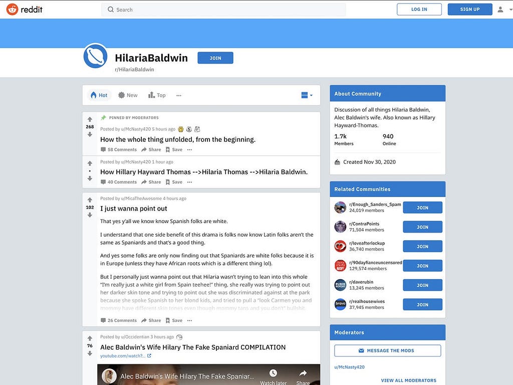 The landing page of the Hilaria Baldwin subreddit.