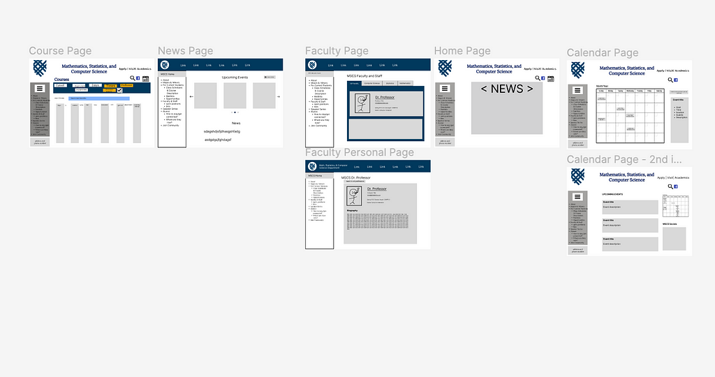 This was our first design on Figma. It shows the webpages all laid out based on the designs we created on paper