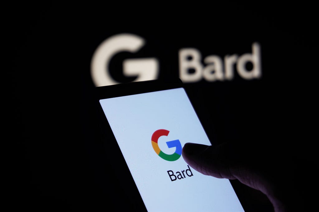 A screenshot of the Google Bard homepage with the alt text “Explore Google Bard, the new search engine that’s not Google, with a sleek and modern homepage design.” Bard refers to AI in this case.