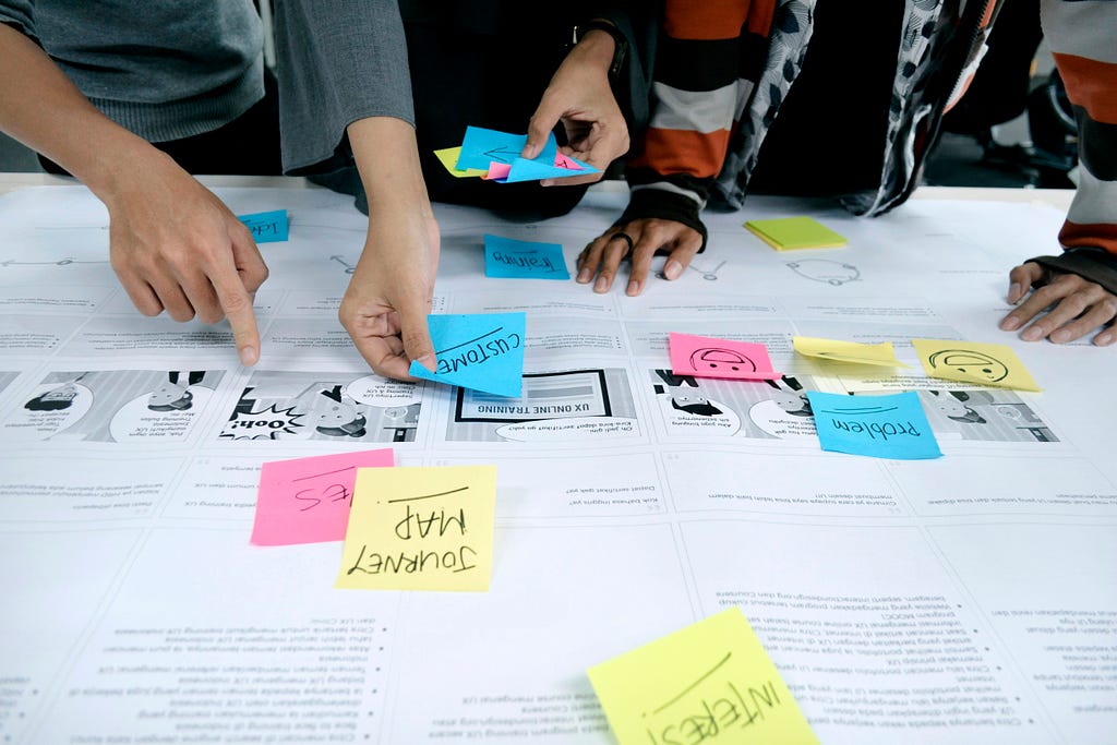 UX designers lay out sticky notes on some storyboards on the table.