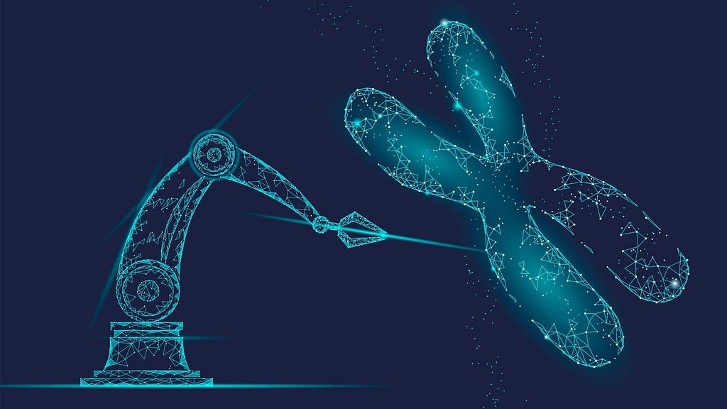 Digital image of a robot arm creating a chromosome. Image by LuckyStep/Adobe Stock