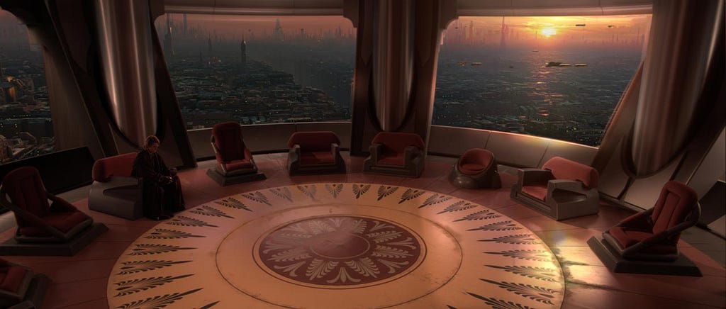 Anakin sits alone in the Jedi Council chambers during Revenge of the Sith. He is within the seat of power and yet isolated.