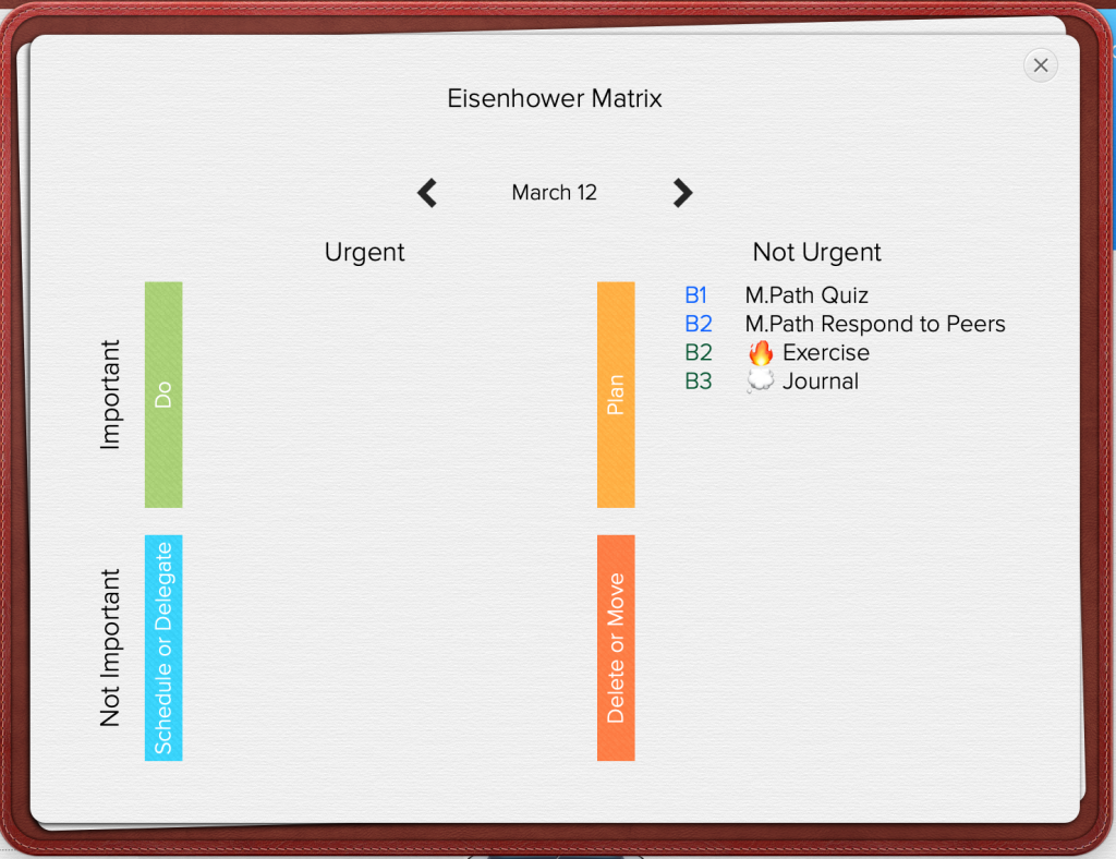 Opus One daily planner: Eisenhower Matrix for task management