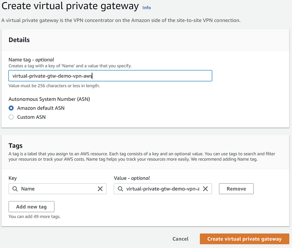 Tela de configuração de Virtual Private Gateway