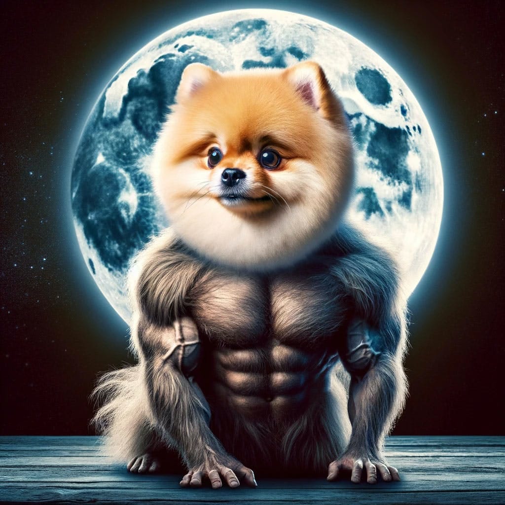 A creative AI-generated depiction of a Were-Pomeranian, blending the concept of a werewolf with a Pomeranian dog. This creature has the adorable, fluffy face of a Pomeranian and the body of a muscular werewolf.